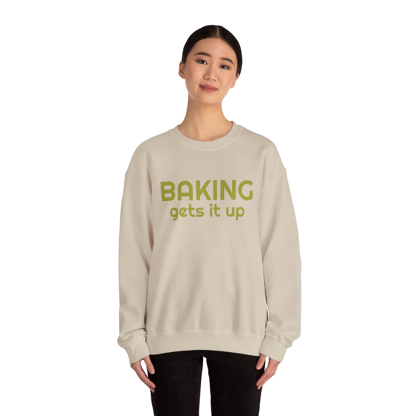 Crewneck Sweatshirt with Baking Gets It Up Graphic - Fun & Comfy Baking-Themed Clothing - Great Gift for Home Baker