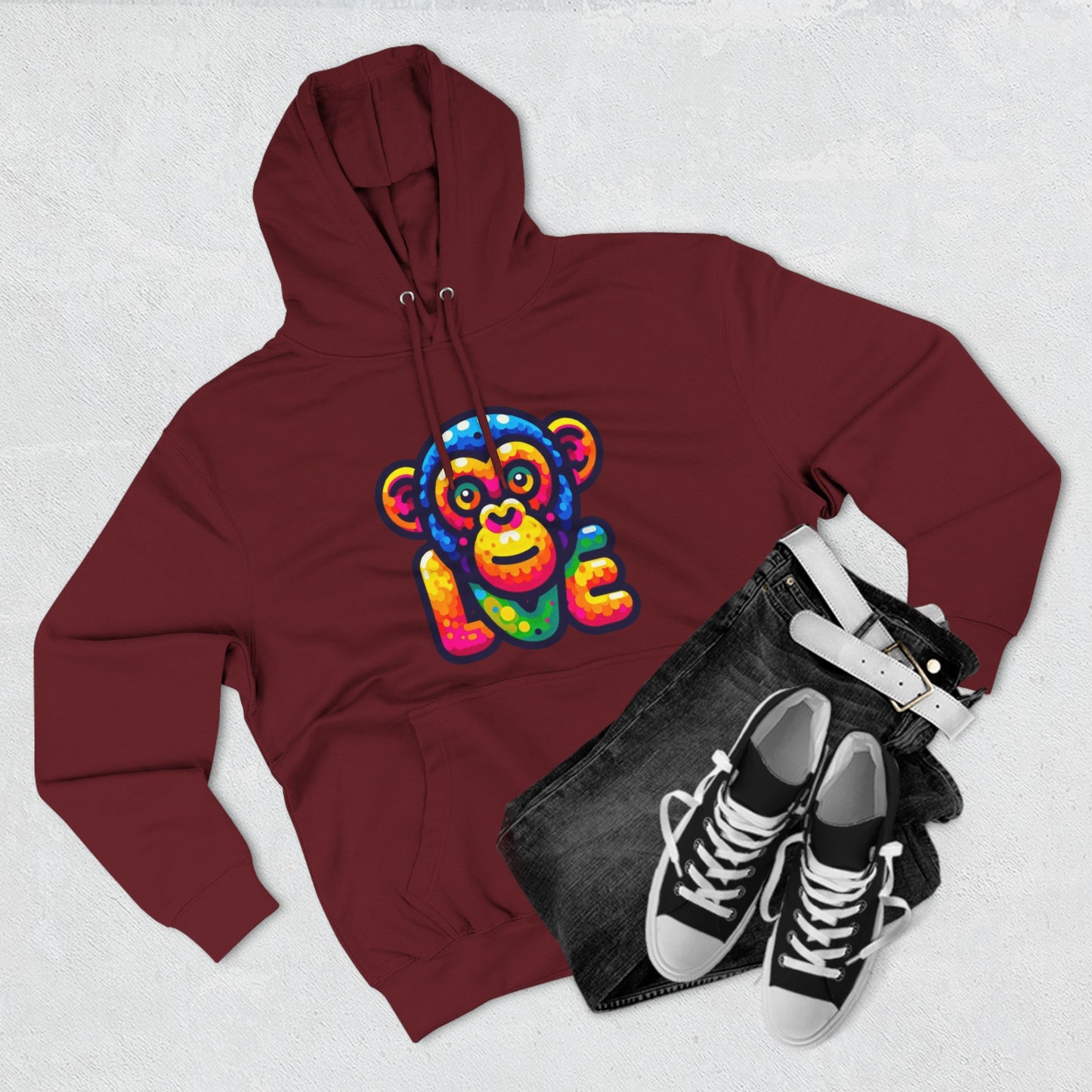Hoodie with Love Monkey Design, Unisex Premium Crewneck, Stylish & Comfortable Outfit, Great Gift for Friends or Loved Ones