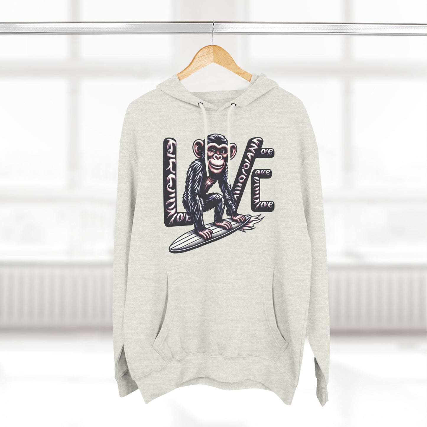 Hoodie with Love Monkey Print, Trendy Surfer-Inspired Design, Perfect for Ocean Lovers, Awesome Gift for Surf Fans