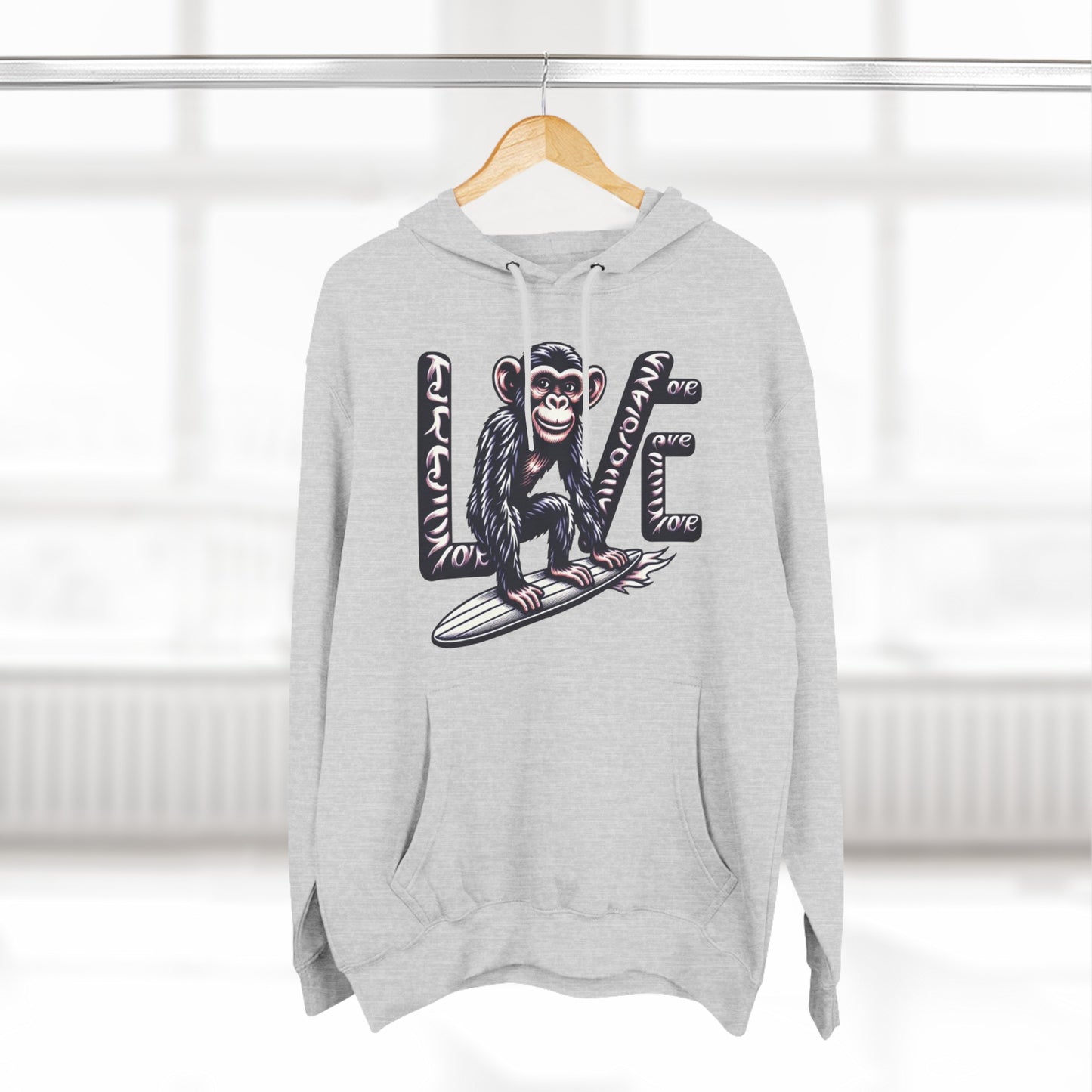 Hoodie with Love Monkey Print, Trendy Surfer-Inspired Design, Perfect for Ocean Lovers, Awesome Gift for Surf Fans