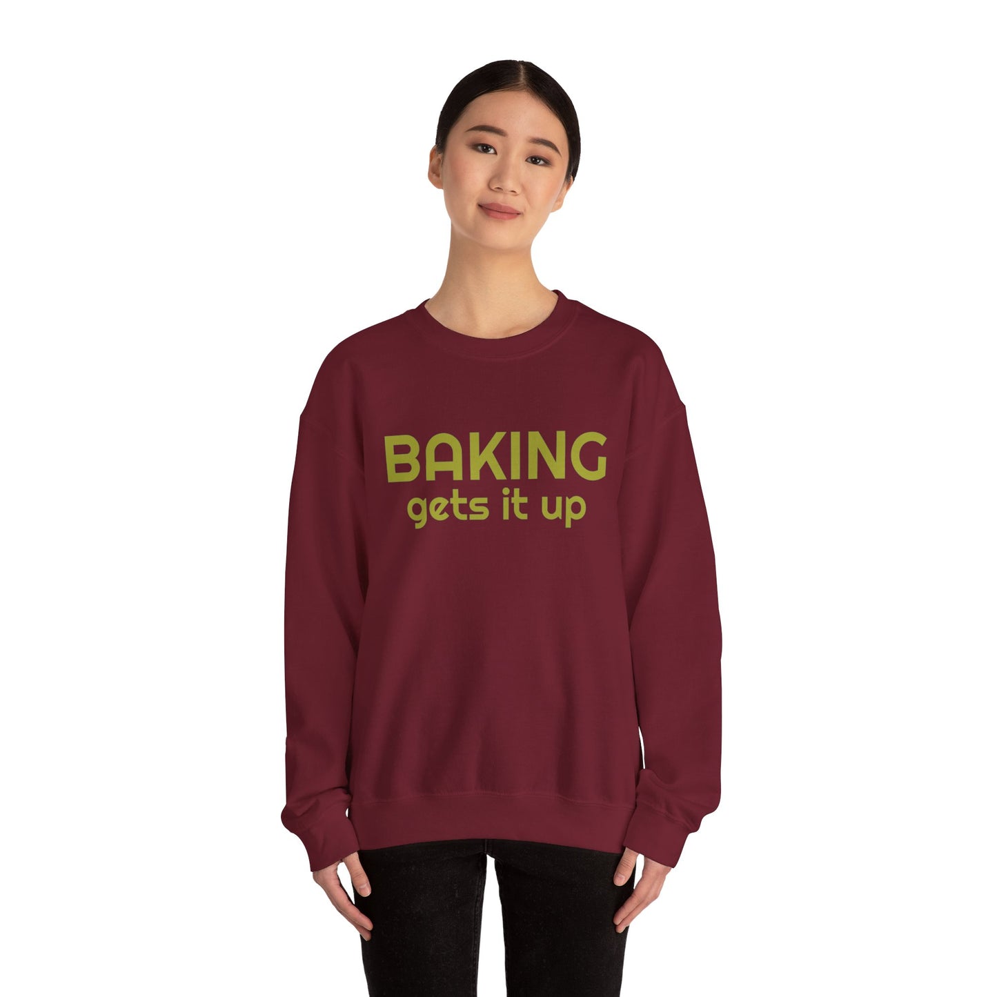 Crewneck Sweatshirt with Baking Gets It Up Graphic - Fun & Comfy Baking-Themed Clothing - Great Gift for Home Baker